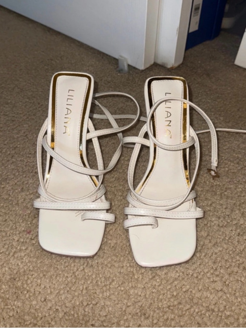 Liliana White Strappy Square-Toe Lace-Up Heels